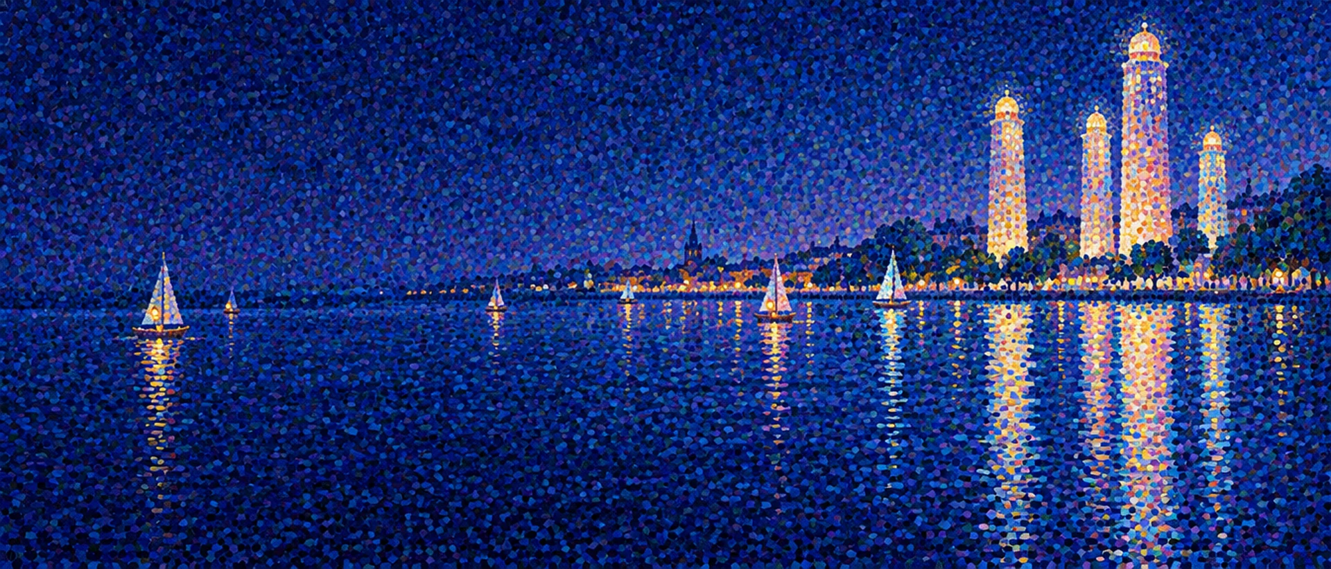 A pointillist river at night with three towers of light on the far bank